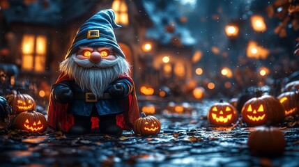 A gnome wearing a vampire cape, standing in front of a haunted house with glowing pumpkins scattered around, ideal for Halloweenthemed advertisements