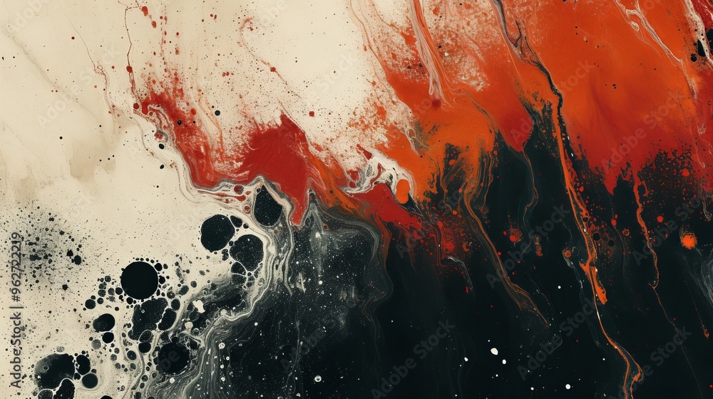 Poster a dynamic abstract painting featuring swirling red and black fluid patterns. the bold colors and flo