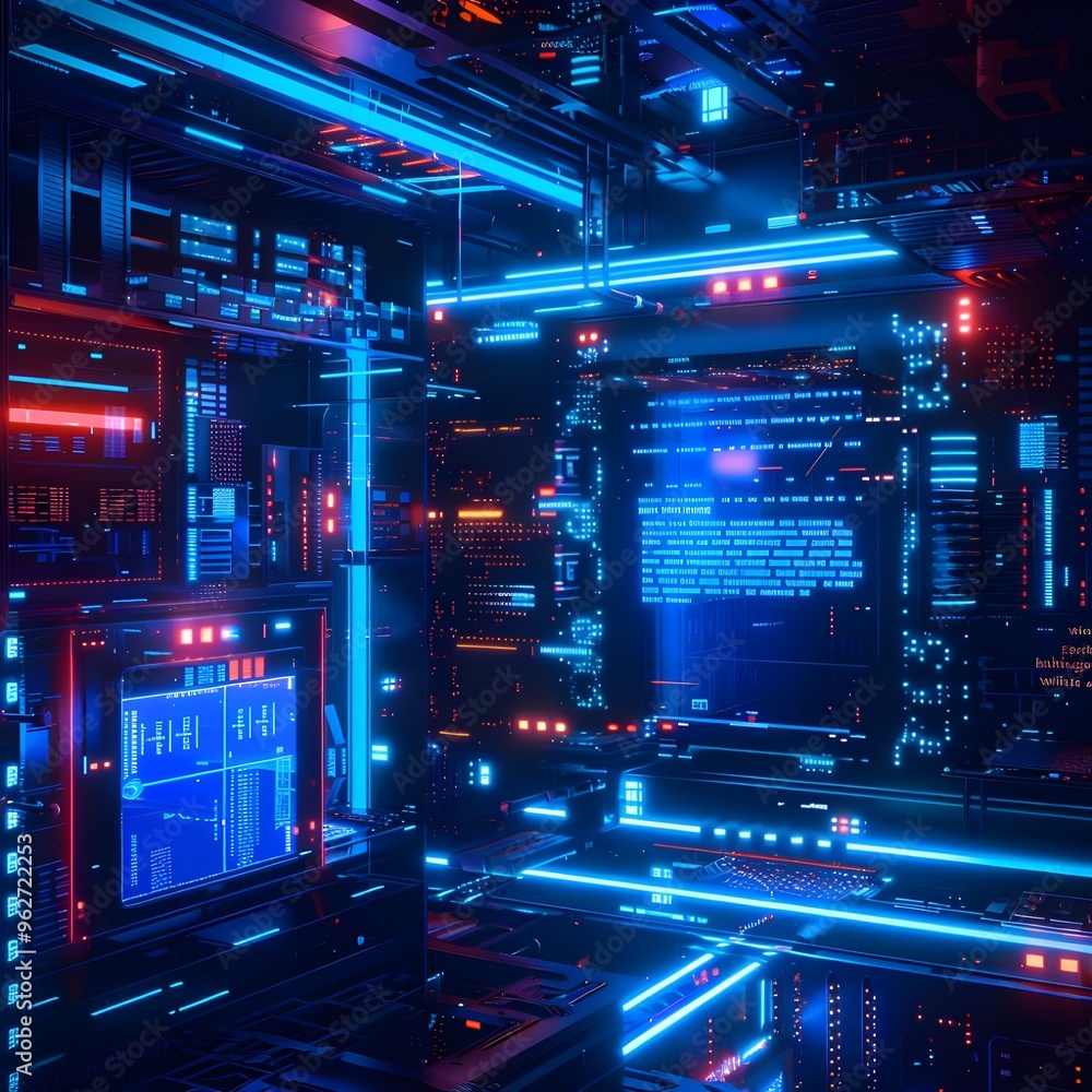 Poster a glowing, high-tech server room with neon lights and rows of servers in a futuristic setting