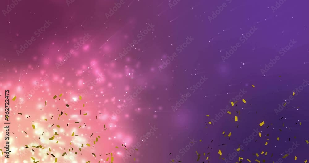 Poster colorful confetti falling with sparkling light particles animation on gradient background