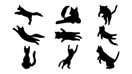 Hand drawn set of cat silhouettes in jumping poses. Vector adorable domestic animals