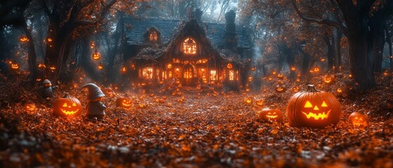 A group of gnomes with tiny jackolanterns, standing in front of a haunted mansion surrounded by fog and dry leaves, ideal for Halloween promotional use