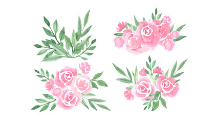Hand drawn rose with greenery arrangements watercolor illustration