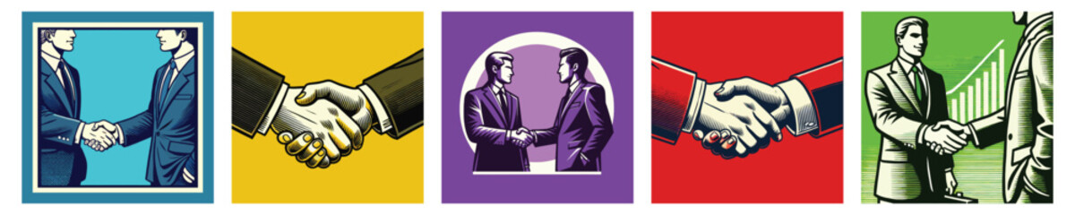 Set of Two businesspeople shaking hands, in blue yellow, purple, red and green theme. Vector illustration