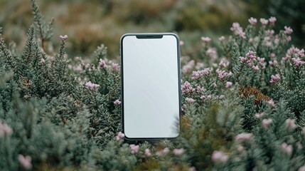smartphone mockup with a white screen and design template, featuring free copyspace for creative advertising, set against a beautiful natural background