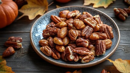 Autumn Harvest: Roasted Pecans on Rustic Wooden Table