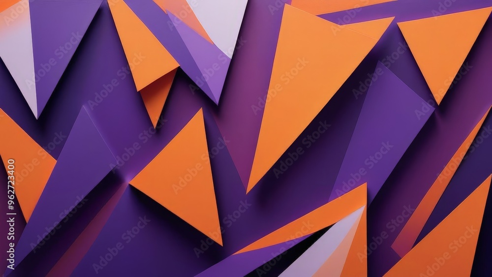 Poster abstract geometric background with purple and orange triangular shapes.