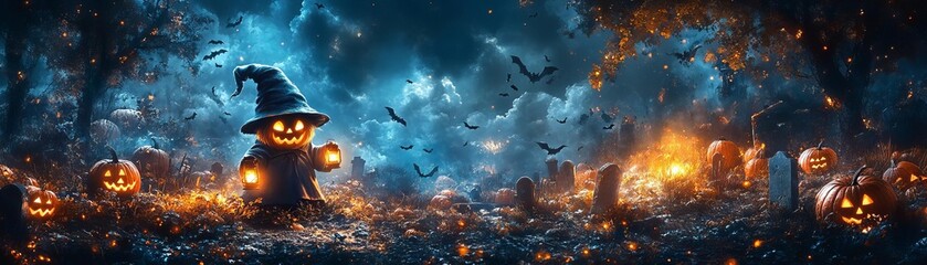 A mischievous gnome wearing a ghost costume, holding a glowing lantern in a spooky graveyard filled with pumpkins and bats, perfect for Halloween promotions
