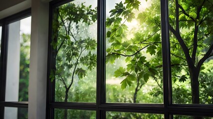 Green garden tree view on big glass window, morning sunlight reflection beautiful evergreen nature