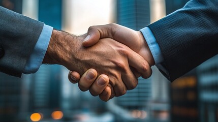 contract dealing in a successful business agreement with businessmen shaking hands, featuring a close-up handshake and blurred city building and office space background
