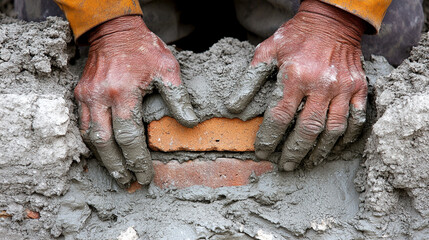 man's hand carefully placing gray bricks onto a wall, symbolizing hard work, construction, and the foundation of progress, showcasing craftsmanship and the importance of perseverance