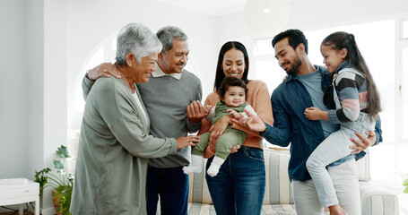 Generations, family and happy with toddler at home for gathering, visit and bonding. People,...