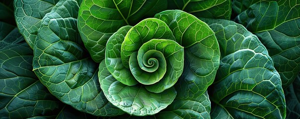 Close up of a green leafy plant with a spiral pattern in the center. The plant is a symbol of nature, growth, and life. The spiral is a mathematical pattern found in nature and art.