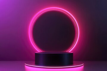 Realistic 3D background, Black cylinder pedestal podium with round circle glowing neon lighting. Black friday sale concept, Vector abstract minimal scene products stage showcase, with generative ai