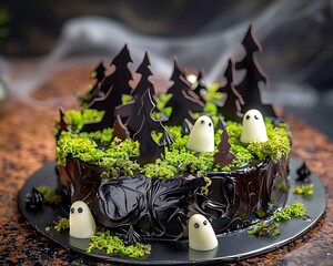 A haunted forest cake with dark chocolate trees, edible moss, and ghost decorations, ready for a bake-off.
