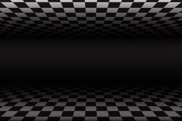 Naklejka premium Perspective chess floor. White and black checkered pattern room. 3D tiled floor. Vector abstract surreal space isometric illustration. Endless tunnel, futuristic monochrome wallpaper
