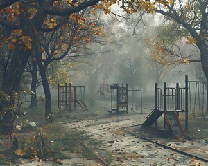A misty, overgrown park with abandoned playground equipment, surrounded by looming, shadowy trees and scattered fallen leaves.