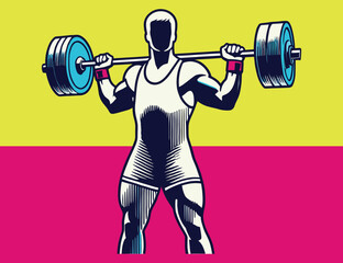 Weightlifter practicing lifting weights with a barbell. Vector illustration
