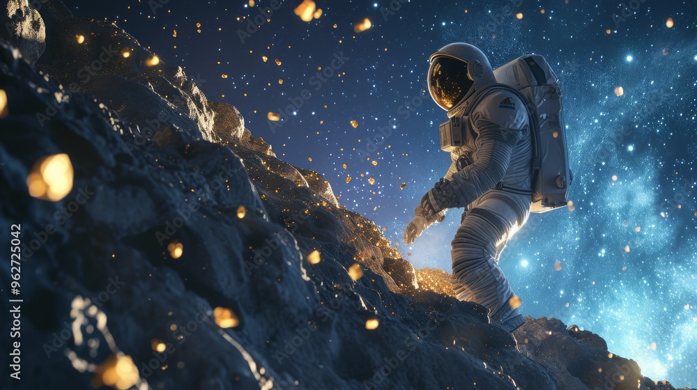Poster an astronaut in a spacesuit explores a rocky asteroid surface illuminated by glowing pieces of gold,
