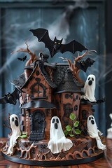 A haunted house cake with detailed decorations, including ghosts, bats, and a spooky mansion, perfect for a bake-off.