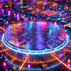 Futuristic circuit board design with vibrant neon lights representing advanced technology and innovation in electronics.