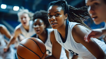 Dynamic Female Basketball Players Competing Intensely on Court