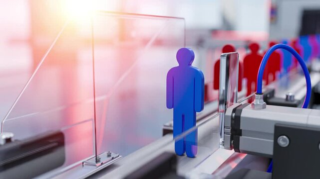 Selection of people depicted symbolically. A rejector on the conveyor belt discards unwanted candidates, referencing HR processes.