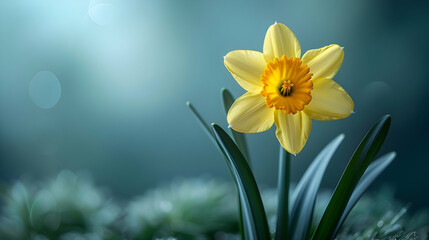 A Single Yellow Daffodil with Green Leaves on a Blue Background - Illustration