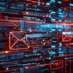 Digital communication network background with glowing red and blue email icons and futuristic technology elements.