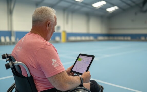 Male Athlete in Wheelchair Using Tablet for Data Analysis in Indoor Tennis Court