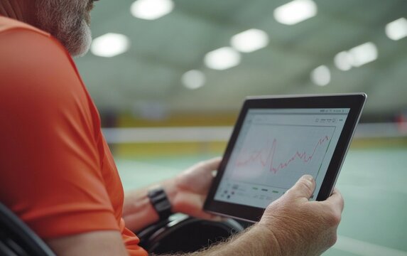 Coach Using Tablet for Data Analysis During Indoor Wheelchair Tennis Training Session
