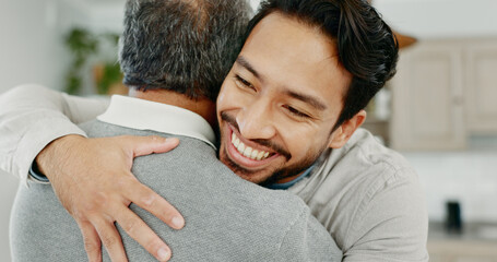 Adult son, hug and father in house, love or comfort with happiness, care or bonding together in...