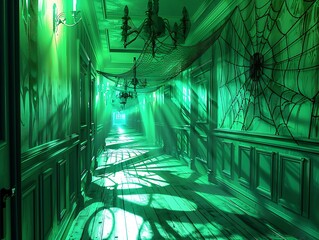 A haunted hallway with eerie green lights, moving shadows, and realistic spider webs.