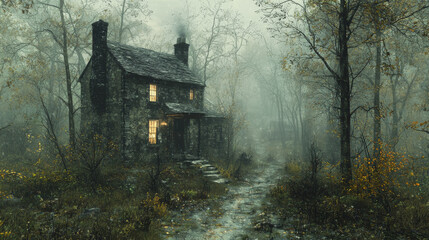 A small stone cottage sits in a misty forest.