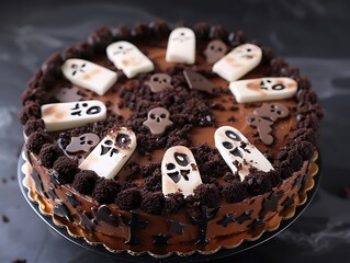 A haunted graveyard cake with tombstone decorations, edible ghosts, and dark chocolate soil.