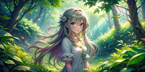 Serene Anime Girl Surrounded By Lush Greenery In An Enchanting Forest, Her Flowing Hair Blending Into The Vibrant Foliage.