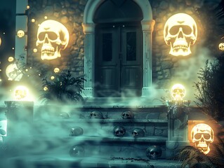 A haunted house entrance with glowing skulls, fog rolling over the steps, and eerie sound effects.
