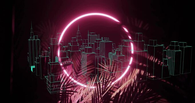 Animating neon cityscape over palm leaves with glowing circle in background