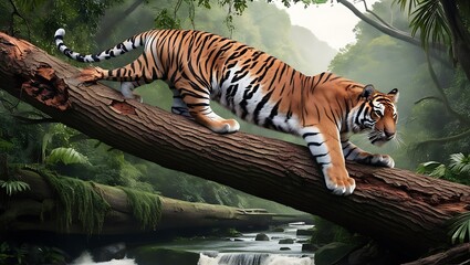 Naklejka premium Experience the raw power and agility of the jungle with this high-resolution photograph of a tiger skillfully climbing a large, fallen tree bridging a jungle ravine.