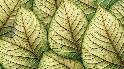 Close-up of textured green and yellow leaves with intricate veins for natural designs