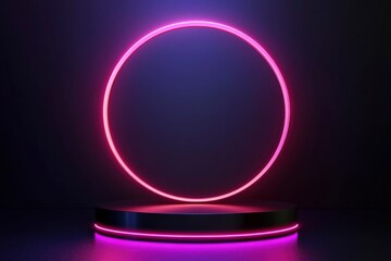 Realistic 3D background, Black cylinder pedestal podium with round circle glowing neon lighting. Black friday sale concept, Vector abstract minimal scene products stage showcase, with generative ai