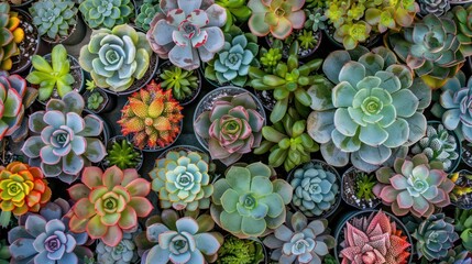 A vibrant display of various succulent plants in pots, showcasing their diverse shapes and colors.