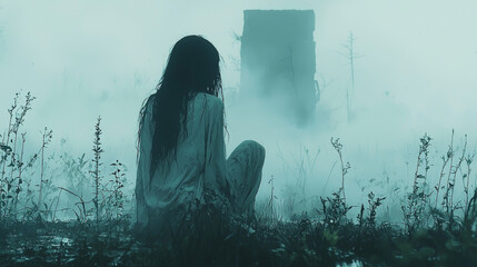 A woman sits alone in a misty field.