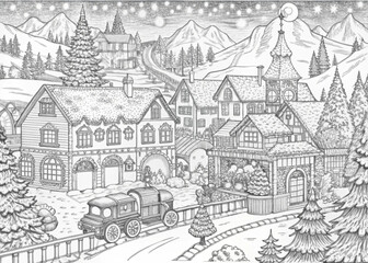 Fototapeta premium Detailed Winter Village Scene with Snow-Covered Houses for Coloring Books