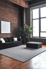 Loft apartment living room with artistic mood, warm ambiance and natural window lighting. Modern industrial Real Estate interior design composition.