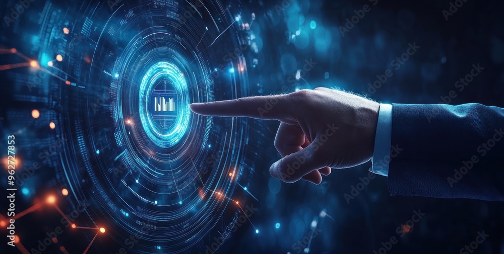 Poster businessman pointing at a digital graph on a futuristic interface