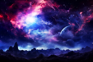 Beautiful deep space with galaxy and stars, clouds, planet, universe for background