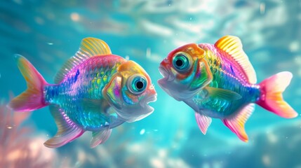 Fototapeta premium A striking digital artwork featuring two vibrant fish with expressive faces, set in a bright underwater environment. Their colorful appearance and detailed scales bring a lively and dynamic feel