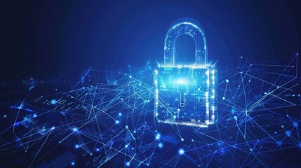 A futuristic digital lock symbol with various padlocks and cyber elements, emphasizing the importance of secure data networks