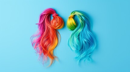 Two wigs with vibrant colors, one predominantly pink and orange, the other a mix of blue and green, are displayed against a bright blue background. This striking image captures the essence of bold